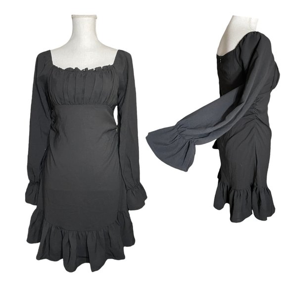 Ruffle Ballon Sleeve Dress NEW M Gathered Bust Milkmaid Gigot Slim Black LBD - Picture 9 of 9